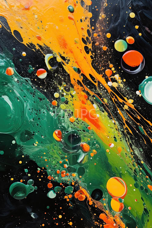 molten shapes merge with surrounding hues in iridescent patterns on vibrant scenic backdrops