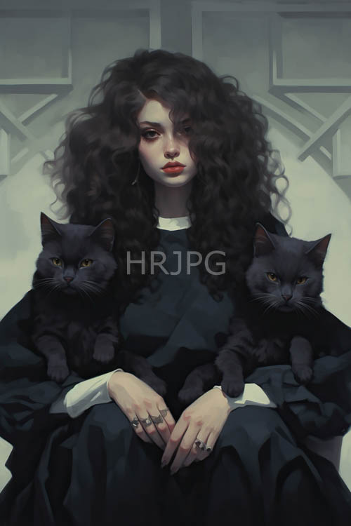 pale skin features cascade like dark waterfalls against muted gray