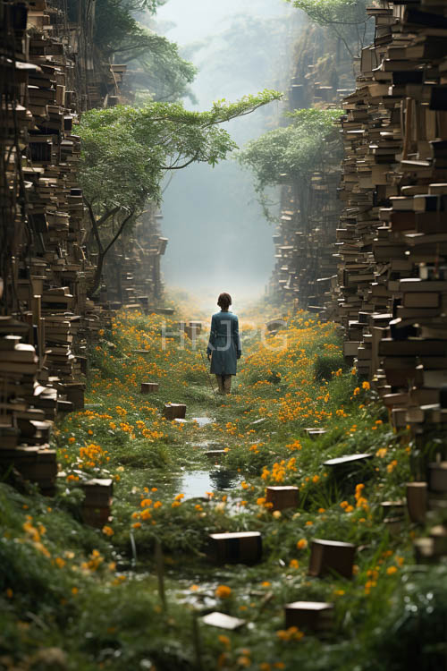 leatherbound spines worn to honey hue amidst verdant labyrinthine corridor