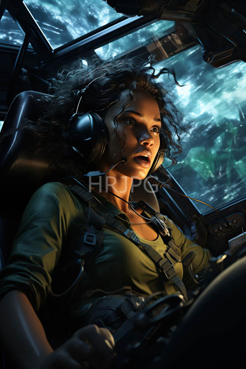 disheveled pilot in tattered olivegreen shirt amidst shattered glass and blurred landscape