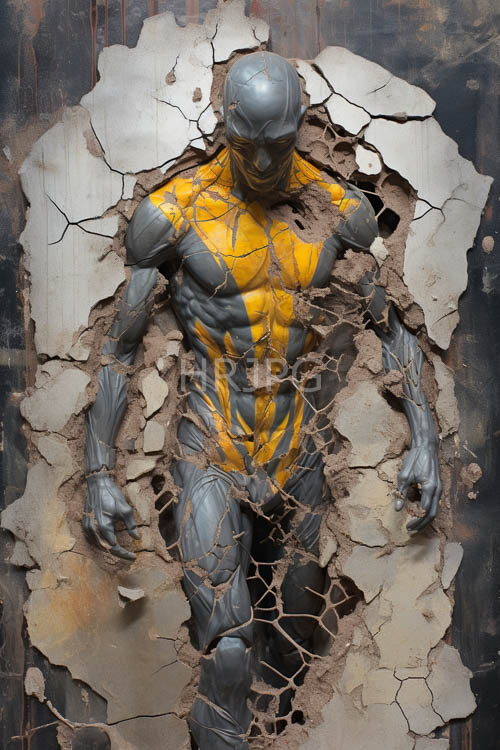 metallic superhero statue emerges from weathered plaster cracks amidst worn wooden background