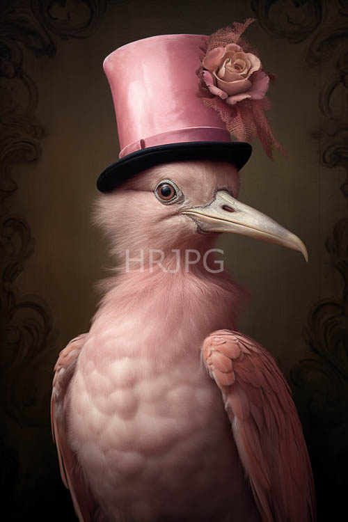pastelpink top hat adorns birds head amidst ornate dark background details