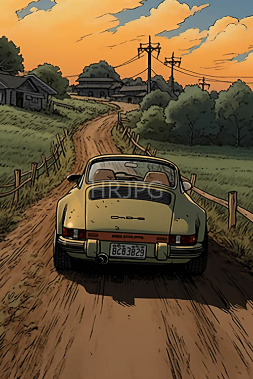 rustic landscape of weathered barns and vintage sports cars amidst fading light of dusk