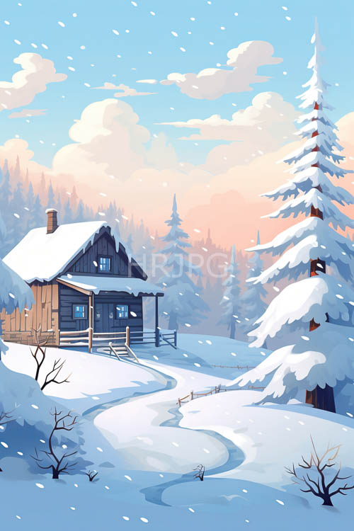 snowshoers traverse weathered cabin path under silvery pine and pinkorange sunset hues