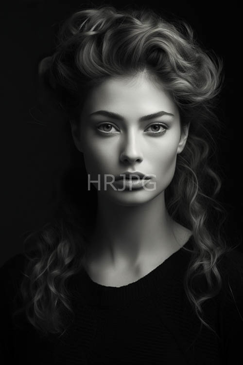 dark locks frame oval face against inky backdrop in elegant black sweater