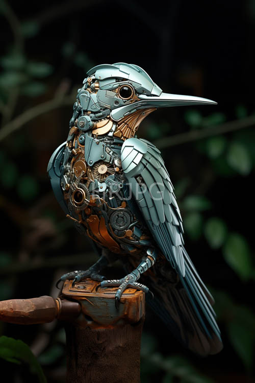 metallic components cascade from mechanical birds mechanical form amidst verdant foliage