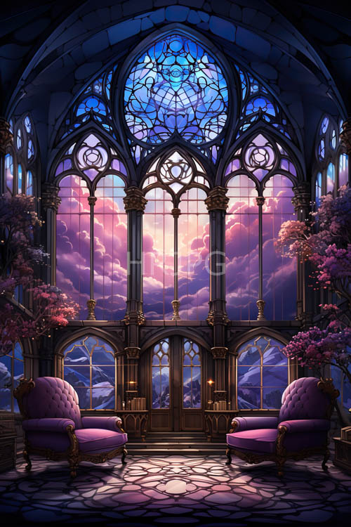 gothicstyle room with vaulted ceilings and majestic stained glass ceiling in plush lavender armchairs