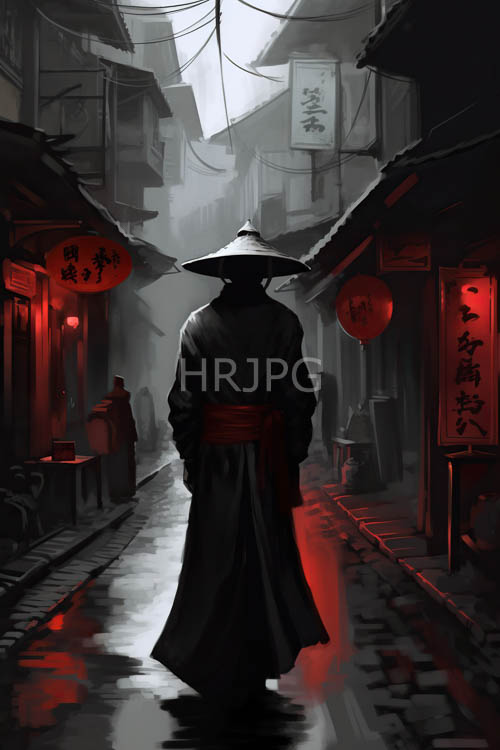 traditional robed figure stands motionless in rainy alley amidst flickering red lanterns