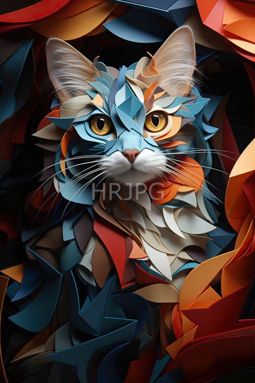 electric blue and orange geometric patterns dance across sleek synthetic fur amidst layered emerald leaves