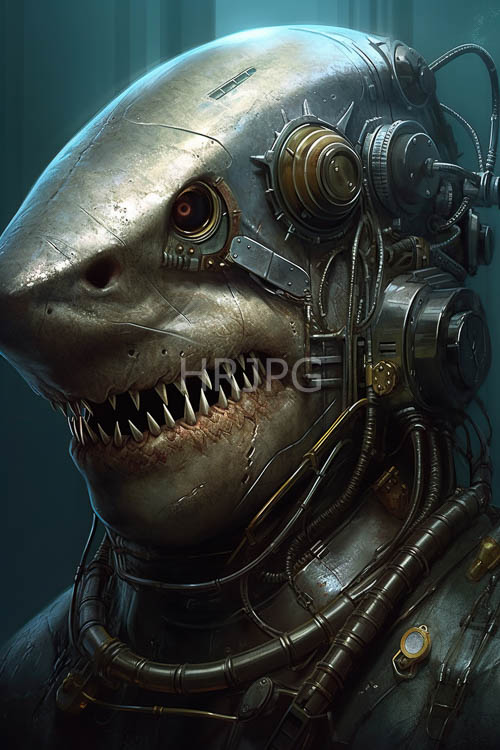 cybernetic shark glides through indigohued waters with serrated mechanical body