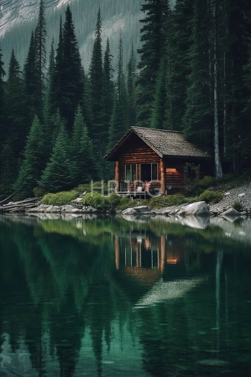 rustic cabin perched on weathered planks over rocky shoreline at dusk with evergreen reflections