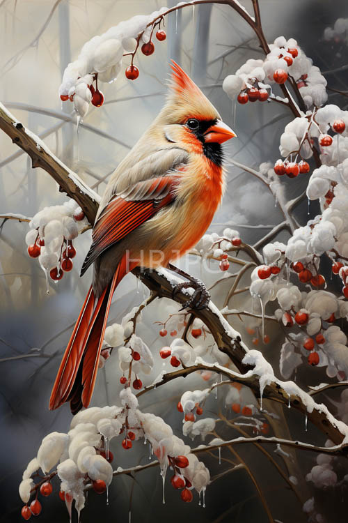 High Resolution: Frosted Branches Amidst Icy Winter Landscape with Perched Cardinal download. | HRJPG.com