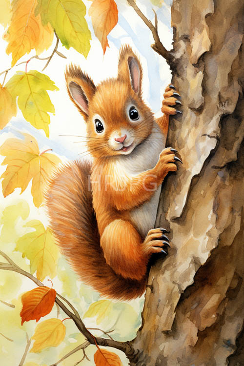 red squirrels urgent grasp on trees rough autumnal boughs amidst amber hues