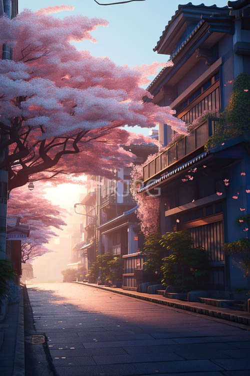 cobblestone pavement delicate pink petals morning light serene backdrop lush greenery intricate ironwork