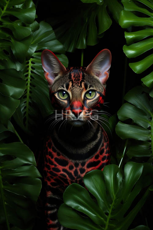 monstera leaves patterns contrast with abyssinian x bengal cats sleek body