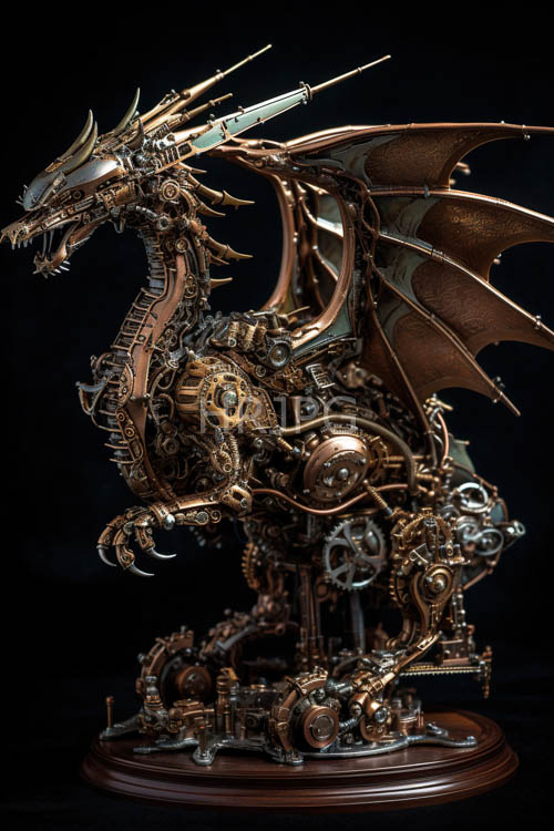 mechanical dragon sculpture unfolds intricate copper filigree bronze cogs turn amidst dark inky background