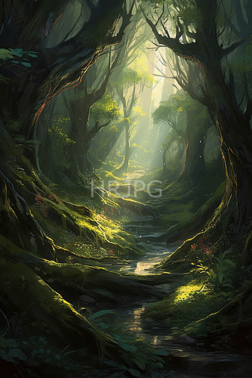 serpentine streams wind past moss draped roots beneath forest canopies