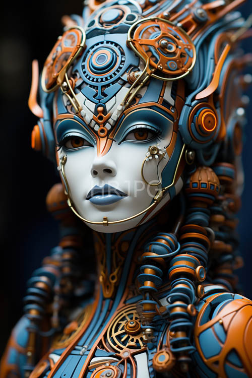 High Resolution: Blue and orange metallic armor plating covers androgynous humanoid faces download. | HRJPG.com