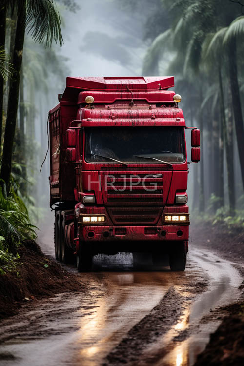 foliage conceals an abandoned semi truck on muddy roads