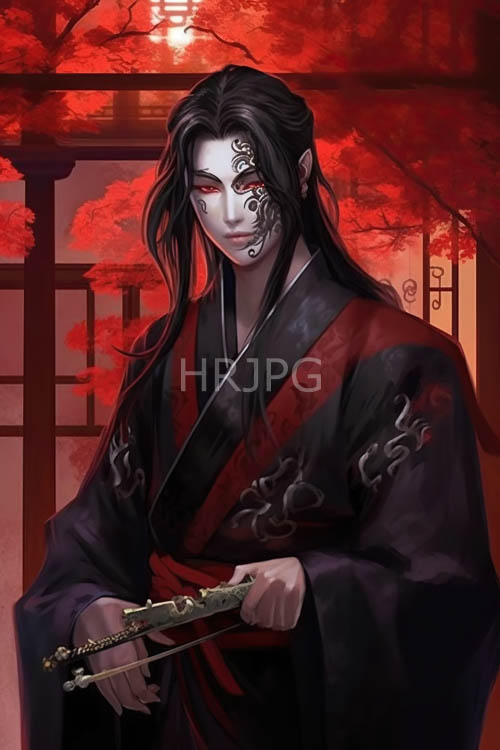 japanese figure in autumnal hues attired in traditional garb amidst vibrant backdrop