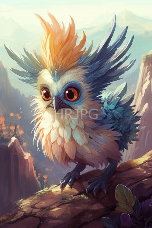 eroded landform supports fantastical creature with iridescent plumage amidst sunlit terrain