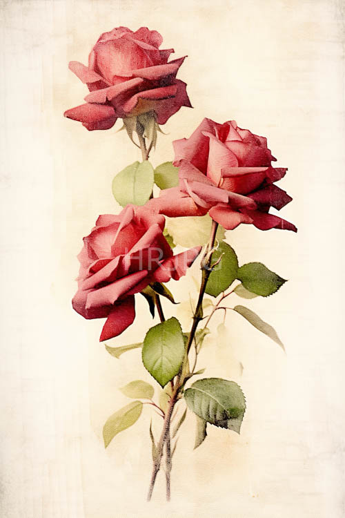 roses unfurl from aged paper texture amidst delicate green foliage and watercolor forms