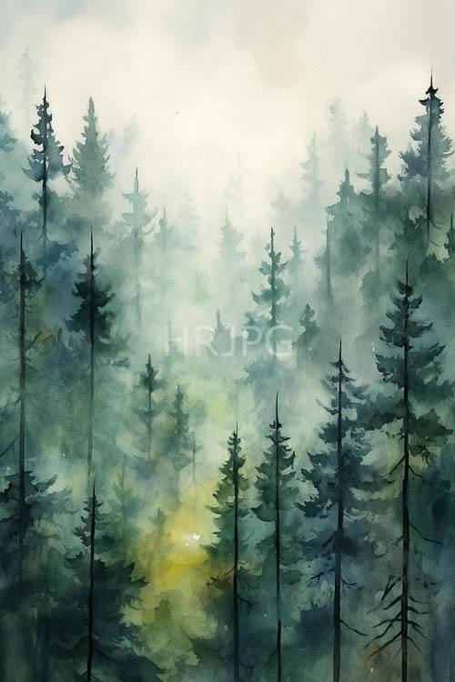 misty forest glade enveloped by canopy of dark green pine