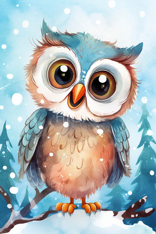 owl perched on snowcovered branch amidst serene winter landscape with blurred pine trees
