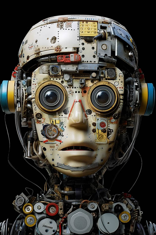 High Resolution: Cybernetic Head with Glittering Wires and Vibrant YellowBlue Elements Adorned with Intricate Latticework download. | HRJPG.com