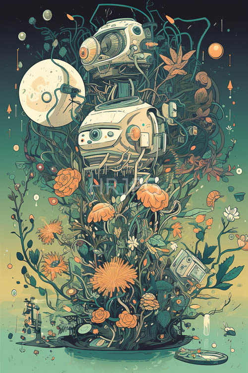 floral tapestries background vintage robots under colorful background gradients