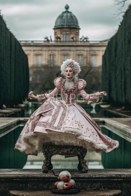 ornate wooden legs support lifesized porcelain doll amidst 18th century opulence and weathered stone