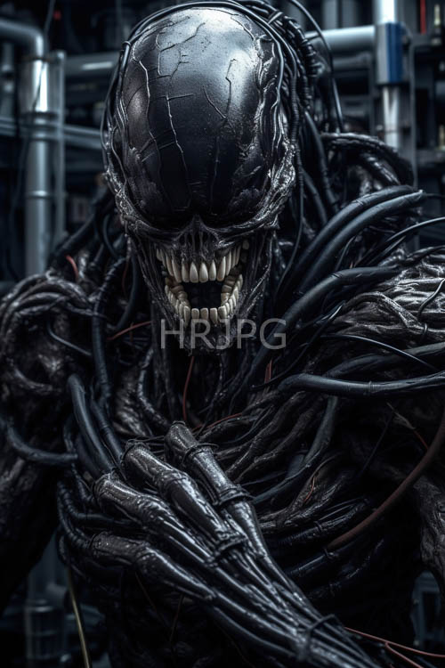 alien creatures tattered exoskeletonlike skin reflects dim industrial lighting amidst metallic pipes