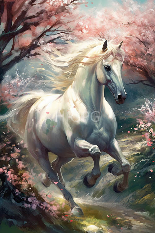 High Resolution: Forest Gallop with Cherry Blossoms and Dappled Light download. | HRJPG.com