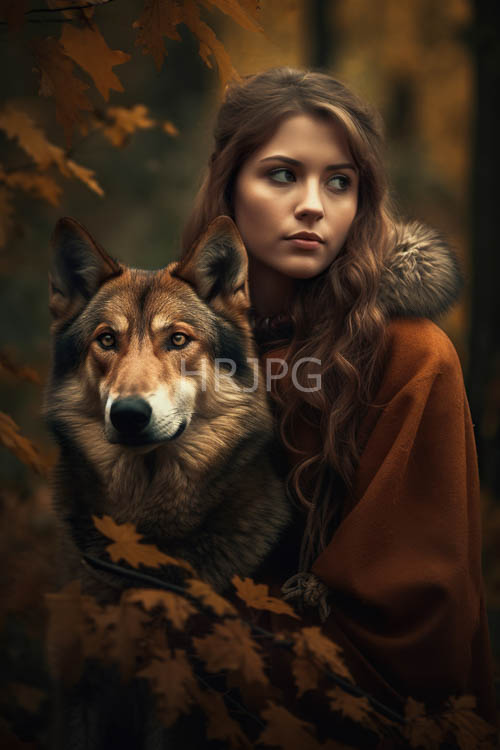 autumn forest with wavy brown hair blending with foliage and furry cloak