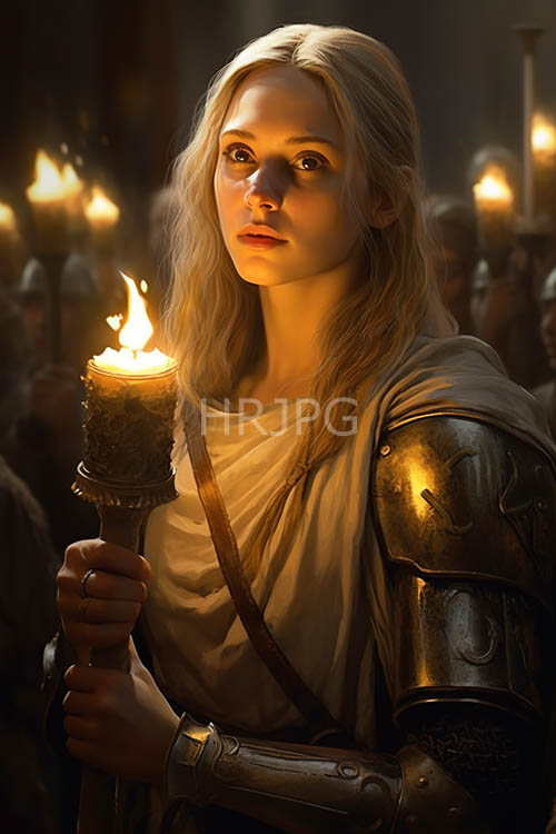 medieval maiden illuminated by flickering torchlight in faded grandeur