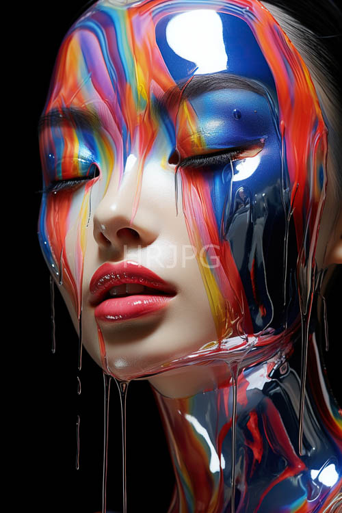 face painted in dazzling streaks of color against a black canvas