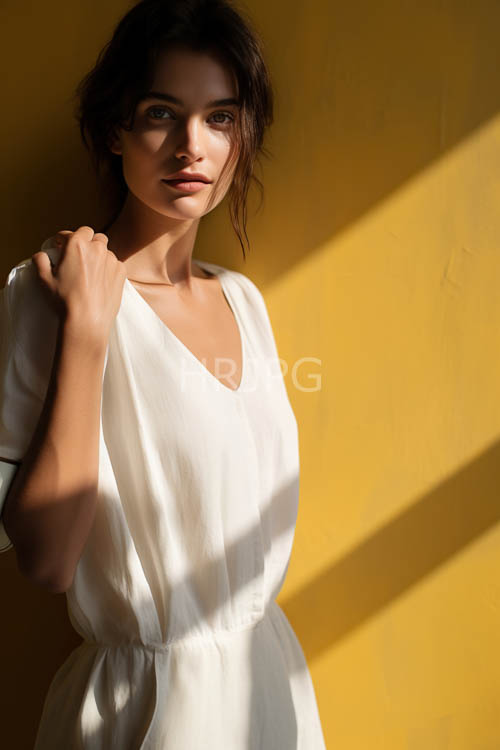 mediterranean heritage in diagonal shadows on olivetoned skin and dark brown hair in a bright yellow wall