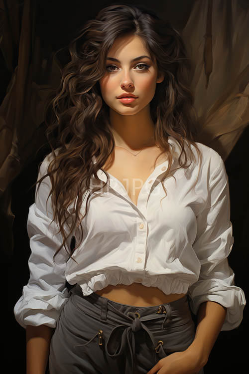 High Resolution: OliveToned Skin Glows in Dim Light Framed by Heavy Drapery with Wavy Brown Hair download. | HRJPG.com