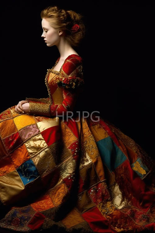 renaissancestyle gown cascades down fairskinned womans curvy figure amidst intricately embroidered patches of rich red and gold thread