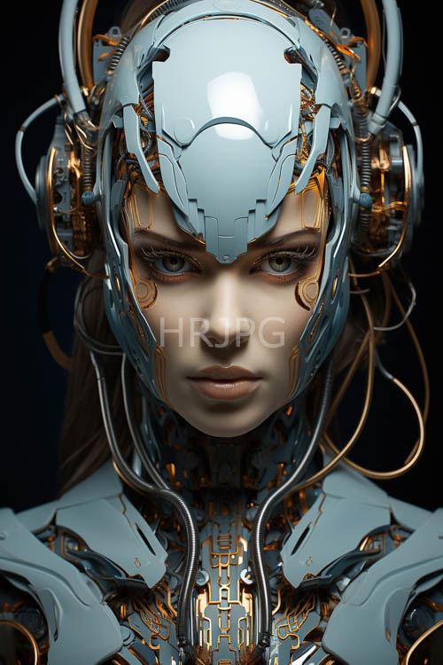 humanoid figure encased in shimmering metallic armor in futuristic setting under glowing overcast light