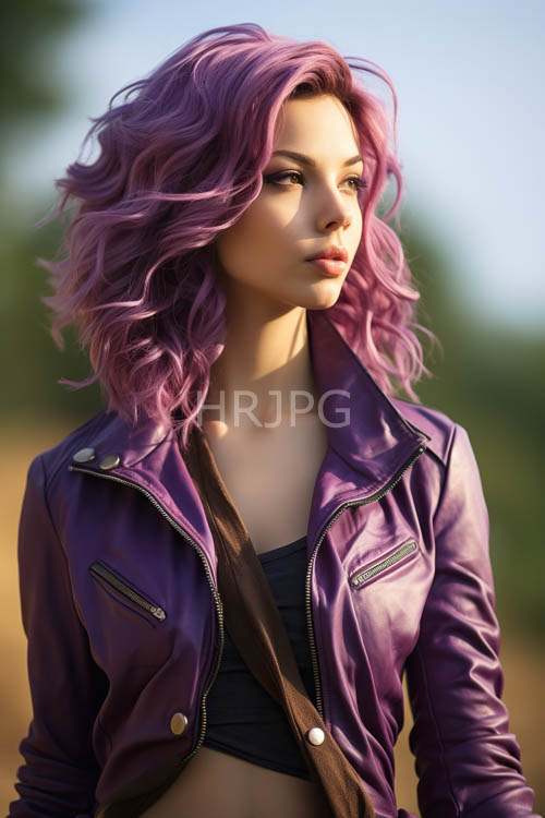 freckled skin illuminated by dappled patterns in verdant surroundings and lavender attire