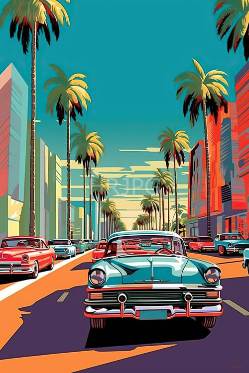 retro cars parked beside palm trees under emerald green and burnt orange buildings