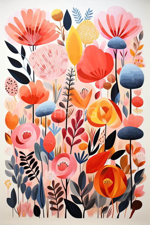floral explosions of delicate red and orange petals in whirling scenery