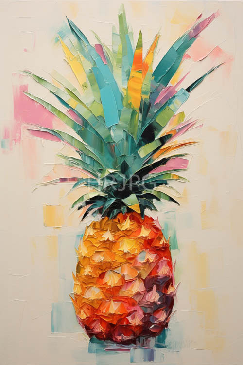 pineapple curves emerge from muted greens and blues with geometric shapes bursting in color