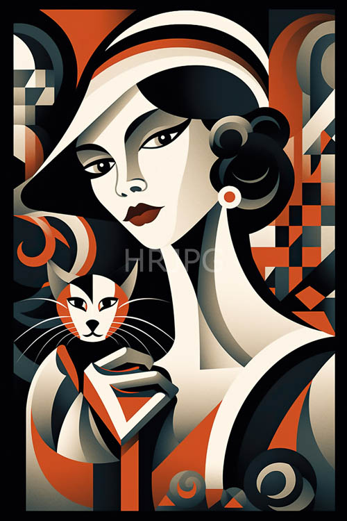 decadent geometry in orangered and beige on a square canvas unfolds with feline companion