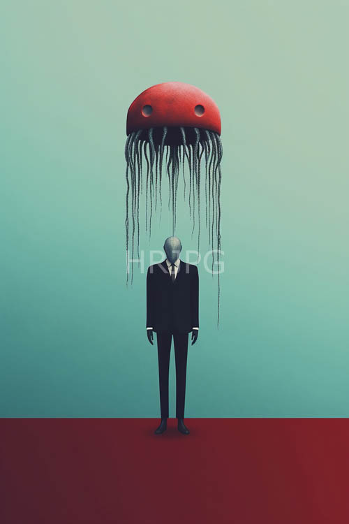 High Resolution: Molten red liquid swirls around figures near red jellyfish download. | HRJPG.com