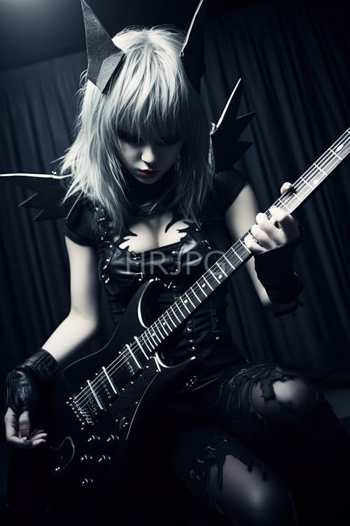 rockstar with platinum hair and black devil horns performs on stage with electric guitar