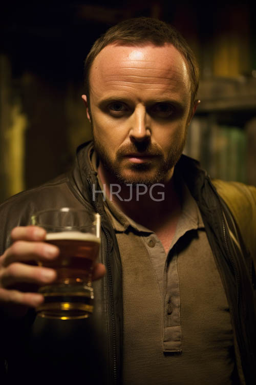 man in rugged denim and dark jacket examines amberglazed beer in brickwalled room