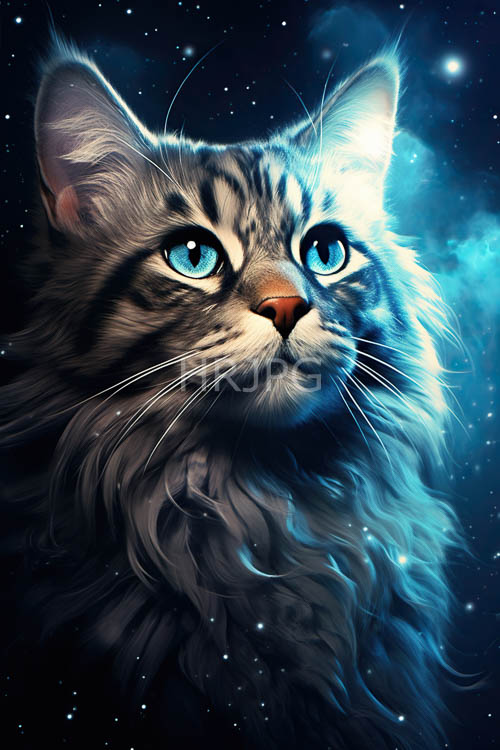 nebula clouds cast vibrant glows over long haired tabby cats