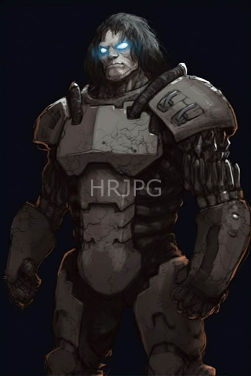 muscular physique revealed beneath cracked metallic gray armor in foreboding ambient light